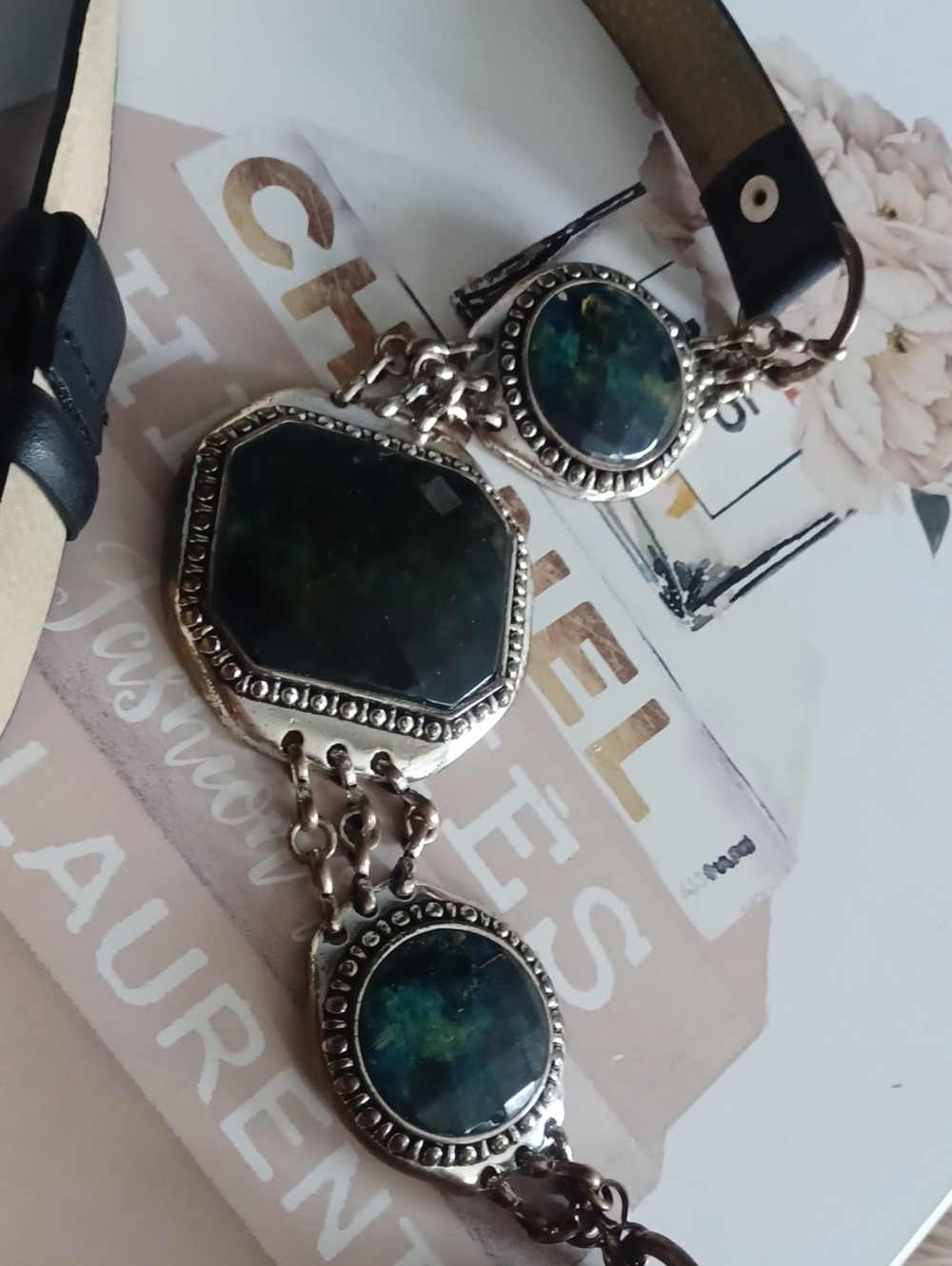 Chicos Leather Belt With Large Green Stones